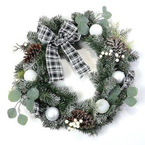 24" NWT Life-Like Frosted Pine Wreath with Silver & White Ornaments & Pinecones